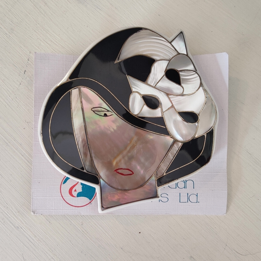 Vintage 80s 90s Artisan Karla Jordan Inlay Mother-of-Pearl Brooch